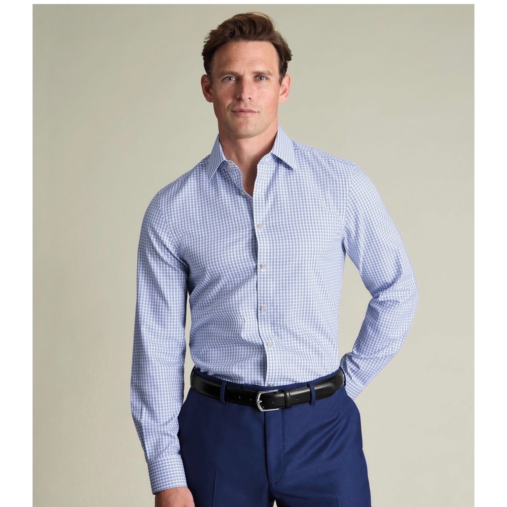 Charles Tyrwhitt Slim Fit Non-Iron Royal Oxford Mini Check Shirt 17/36 Blue